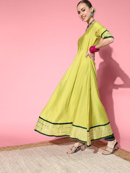 Dhiyona IE Women Stylish Green Liva Swirling Volume Kurta