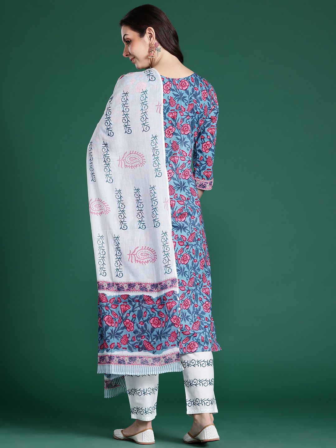 Floral Printed Pure Cotton Kurta with Trousers & With Dupatta