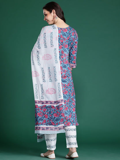 Floral Printed Pure Cotton Kurta with Trousers & With Dupatta
