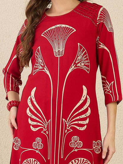 Dhiyona IE Ethnic Motifs Printed Round Neck Beads & Stones Straight Kurta With Palazzos