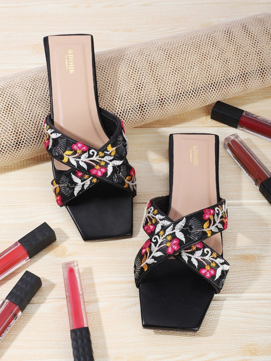 Dhiyona AK Black & Pink Embroidered Open Toe Flats