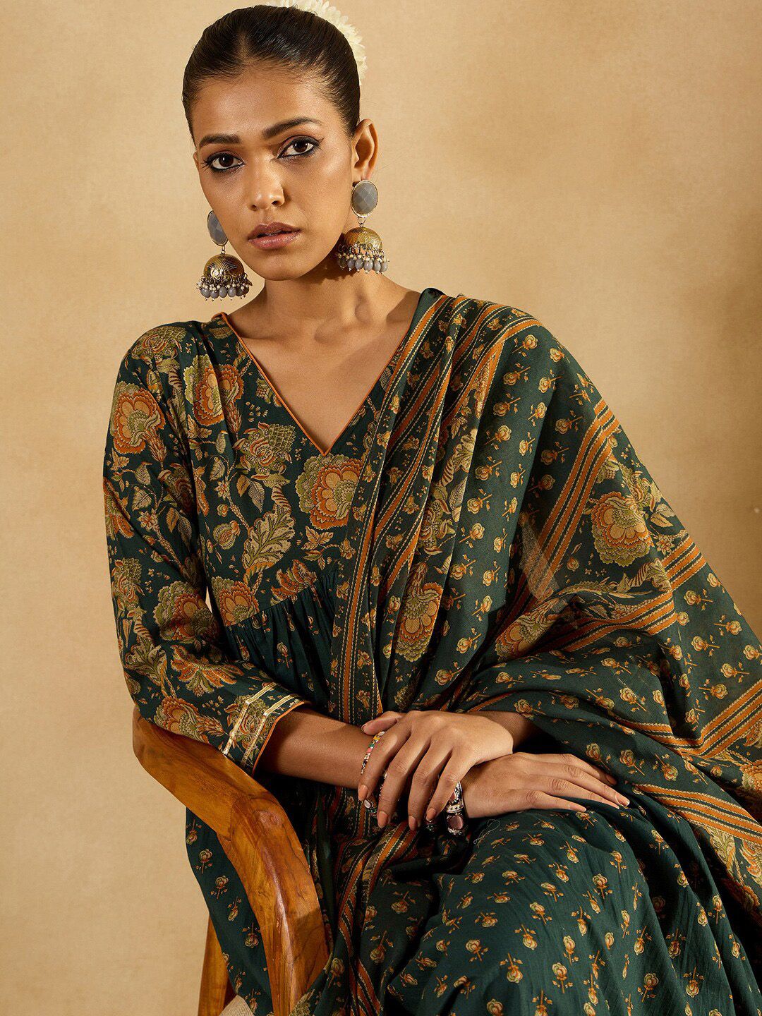 Dhiyona IE Floral Printed Empire Pure Cotton A-Line Kurta With Trousers & Dupatta