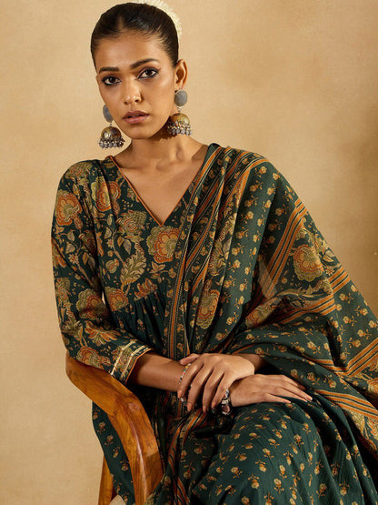 Dhiyona IE Floral Printed Empire Pure Cotton A-Line Kurta With Trousers & Dupatta