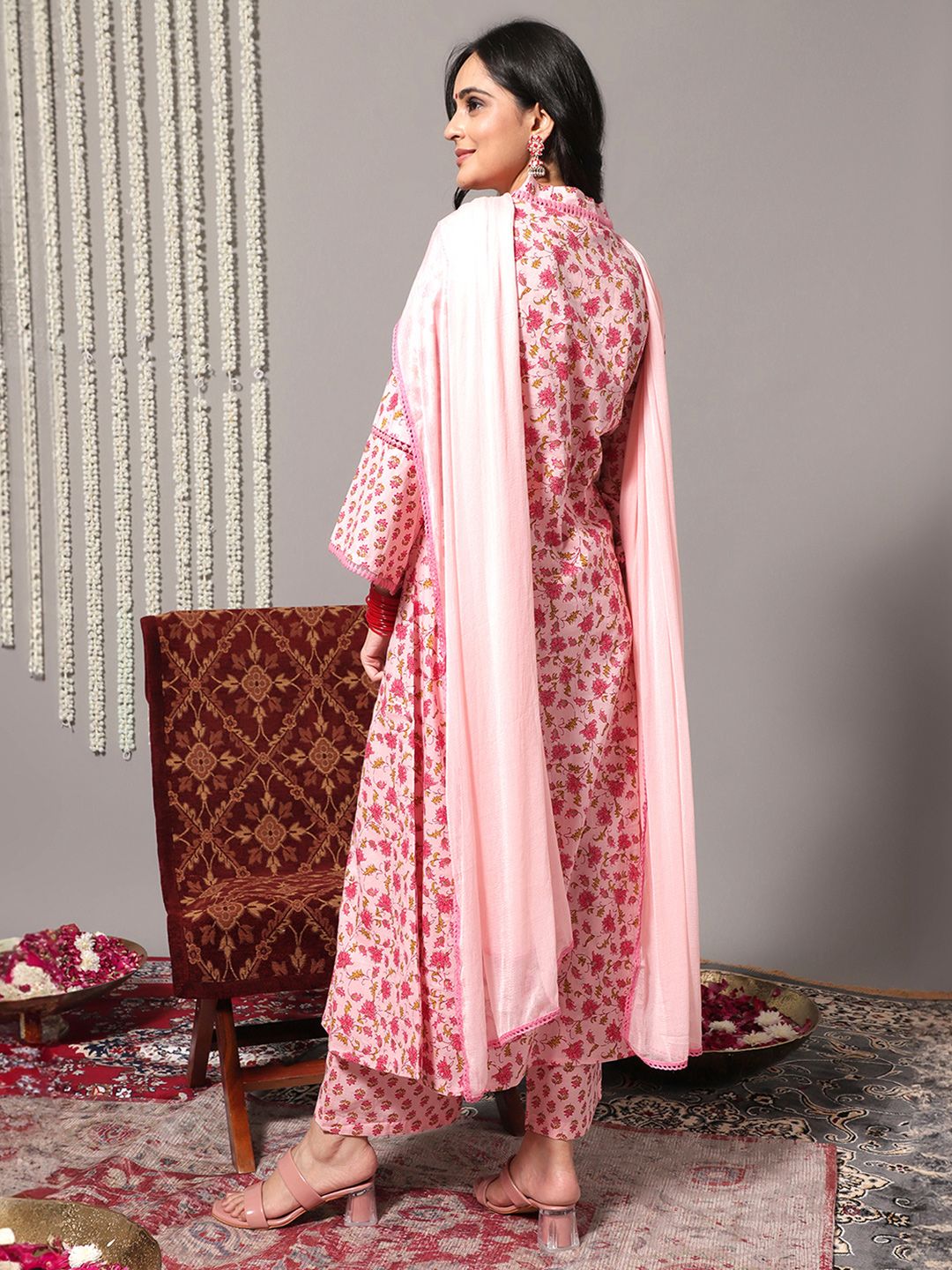 Dhiyona VA Women'sFloral Printed Pure Cotton A-Line Kurta With Trousers & Dupatta