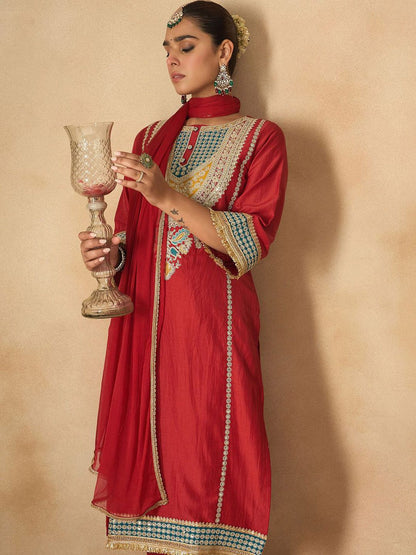 Women Ethnic Motifs Embroidered Regular Kurta with Trousers & With Dupatta