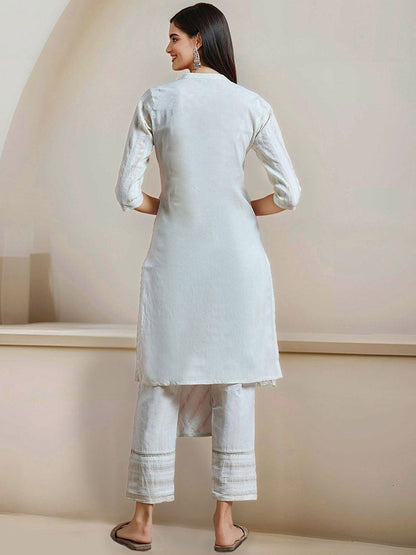 Dhiyona IS Women's Striped Yoke Design Mandarin Collar Pure Cotton Straight Kurta With Trousers