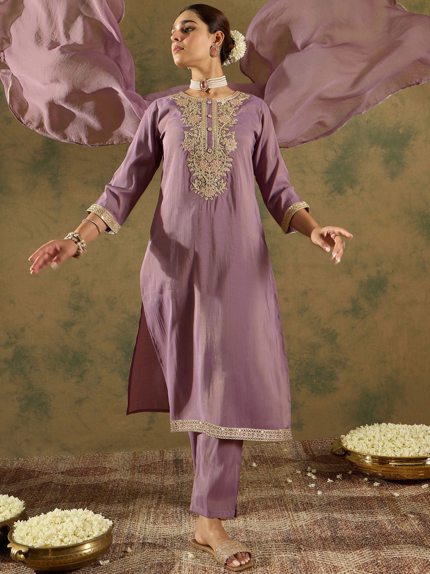 Floral Embroidered Embellished Straight Kurta with Trouser And Dupatta