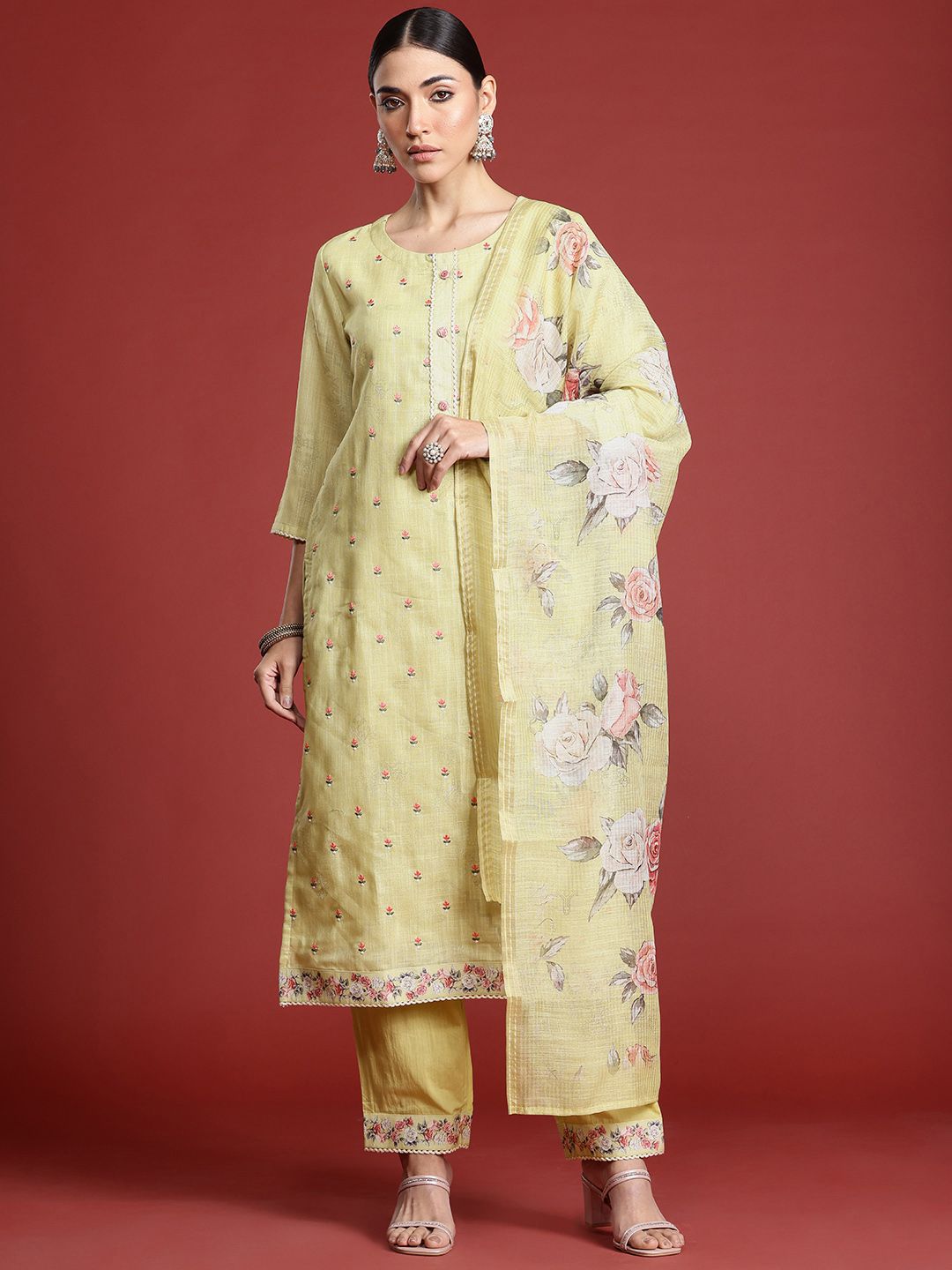 Floral Embroidered Thread Work Linen Kurta with Trousers & With Dupatta