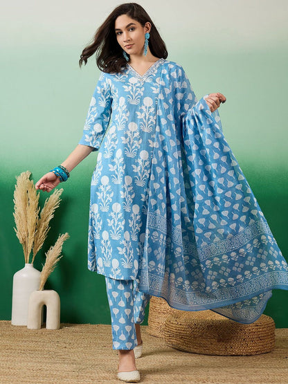 Dhiyona SN Women's Printed & Embroidered Pure Cotton Straight Kurta With Trouser & Dupatta Set