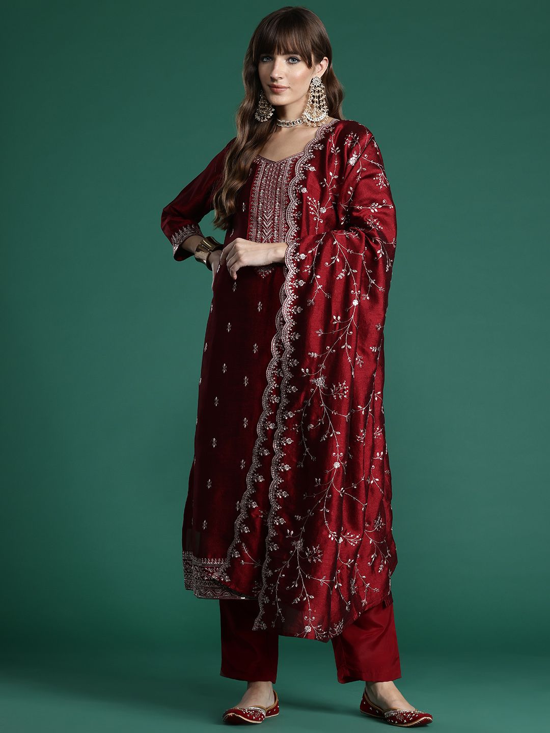 Floral Embroidered Sequinned Kurta with Trousers & With Dupatta
