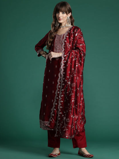 Floral Embroidered Sequinned Kurta with Trousers & With Dupatta