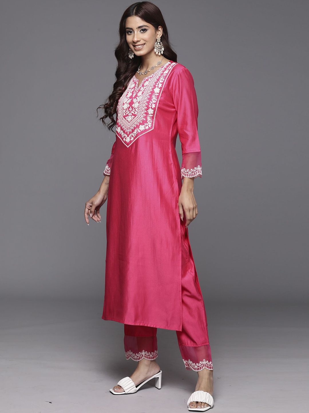 Ethnic Motifs Yoke Design Straight Thread Work Liva Kurta with Trousers & Dupatta