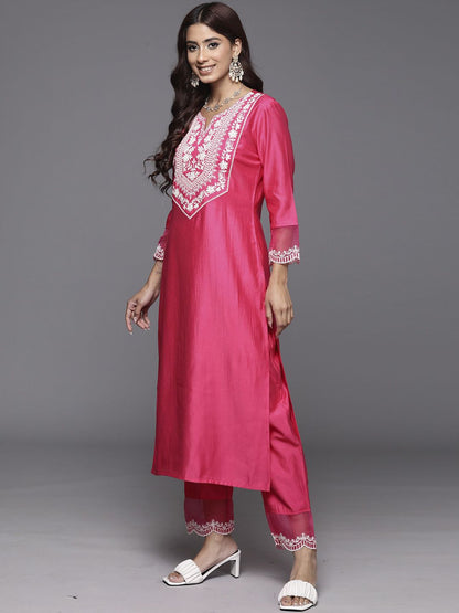 Ethnic Motifs Yoke Design Straight Thread Work Liva Kurta with Trousers & Dupatta
