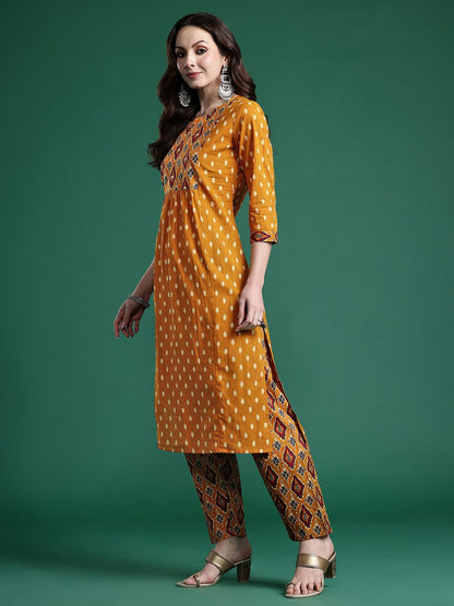 Dhiyona IE Women Printed Pleated Mirror Work Pure Cotton Kurta with Trousers
