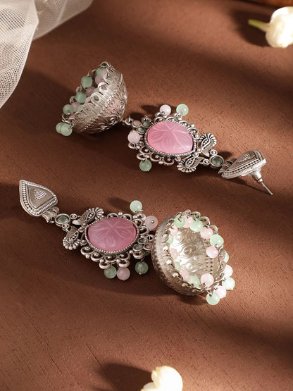 Dhiyona RJ Women's Silver-Plated Oxidised Jhumka Earrings with Pastel Pink Gemstone & Mint Green Beads