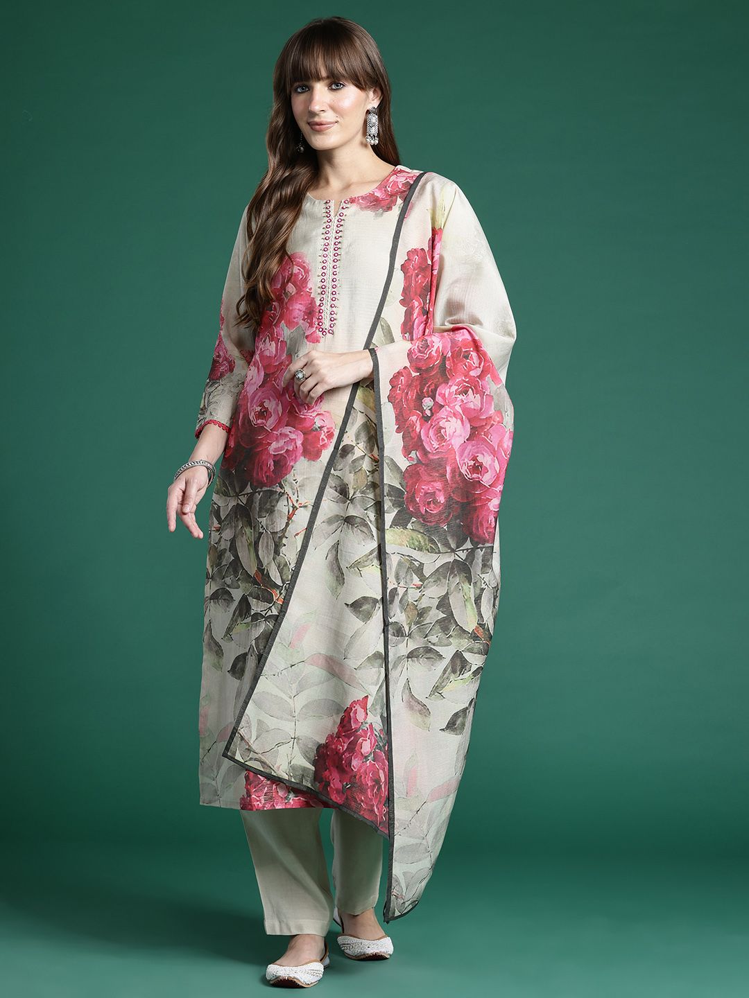 Dhiyona IE Floral Printed Regular Kurta with Trousers & Dupatta