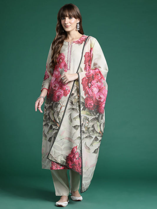 Dhiyona IE Floral Printed Regular Kurta with Trousers & Dupatta