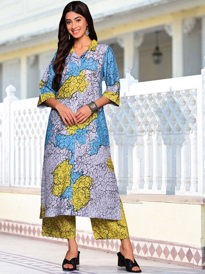 Dhiyona VA Women'sBlue Abstract Printed Cuban Collar Straight Kurta With Trousers