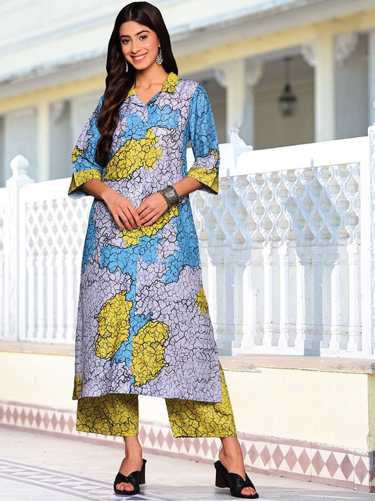 Dhiyona VA Women'sBlue Abstract Printed Cuban Collar Straight Kurta With Trousers