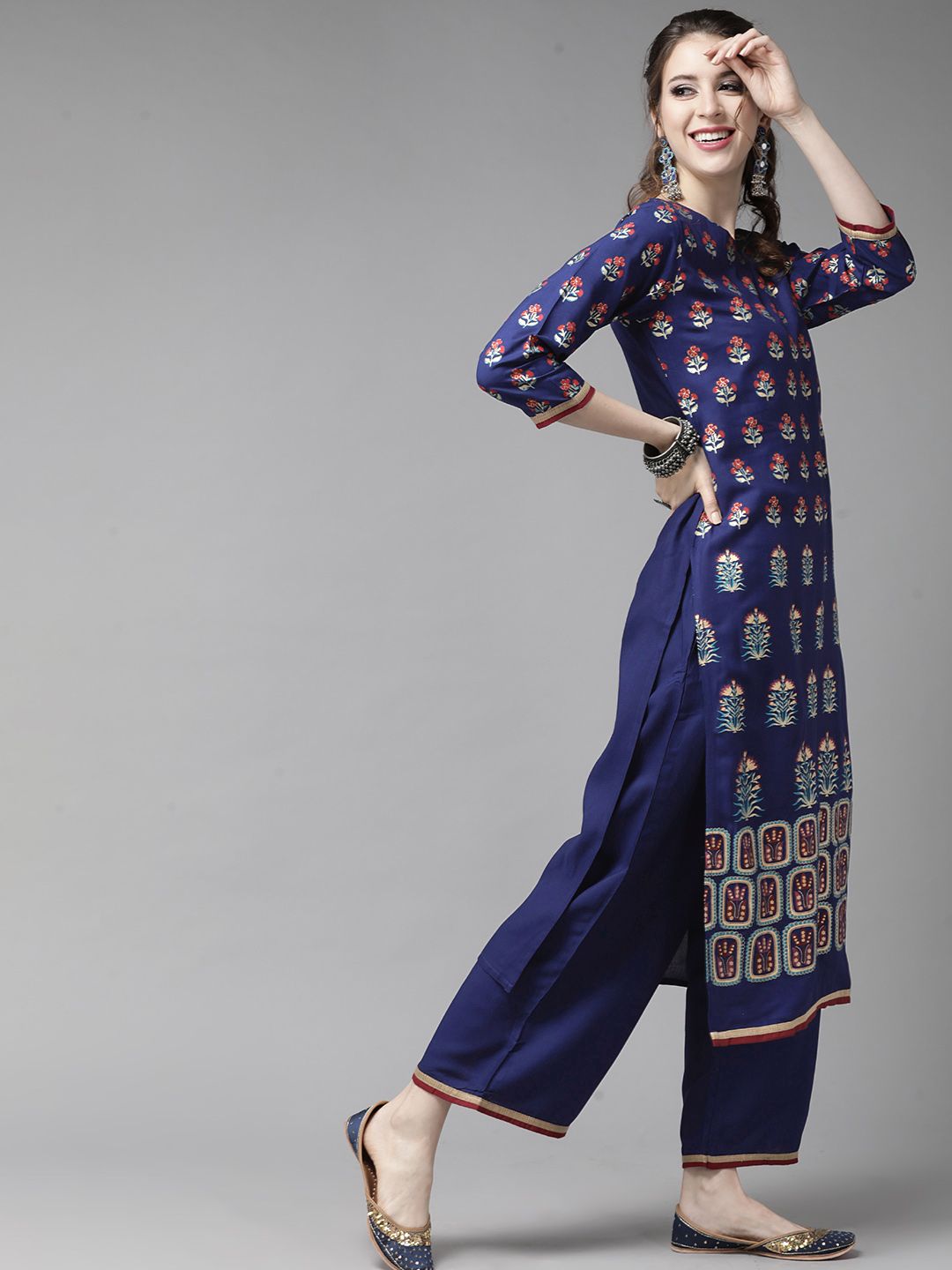 Blue & Red Romantic Floral Printed Kurta with Palazzos and Dupatta