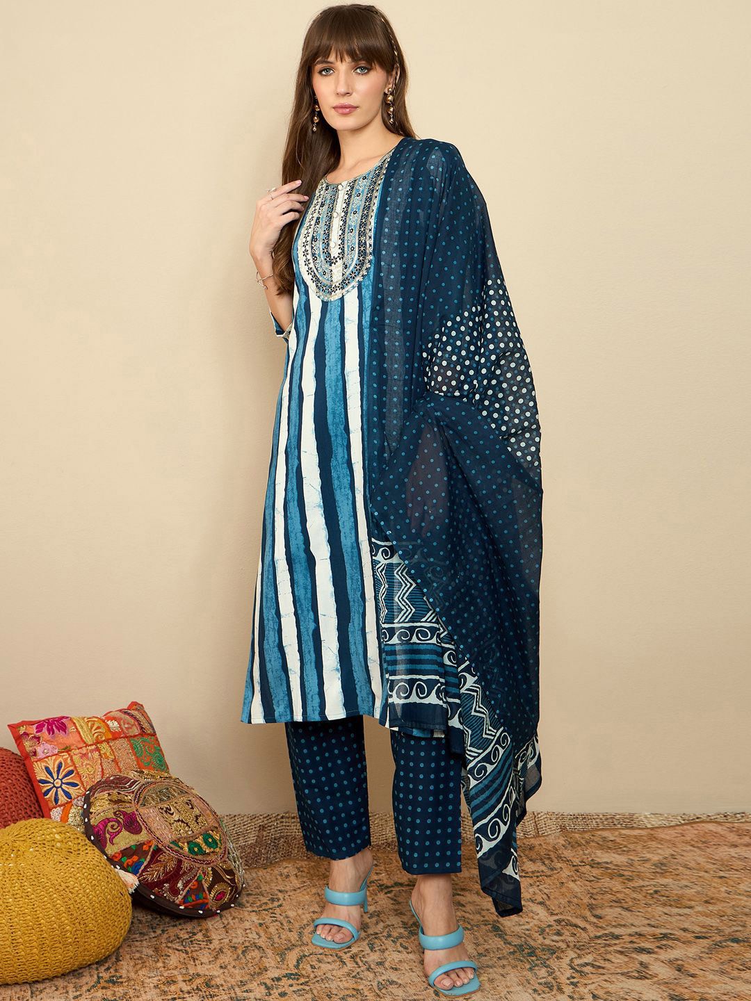 Striped Sequinned Straight Kurta With Trousers & Dupatta