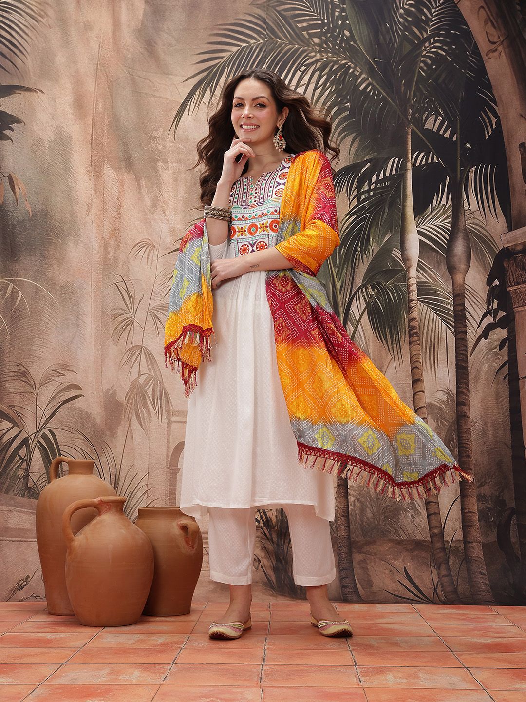 Dhiyona SN Women's Yoke Design Mirror Work Embroidered Kurta With Trousers & Bandhani Print Dupatta