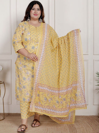 Dhiyona KL Women Floral Printed Pure Cotton Kurta with Trousers & Dupatta