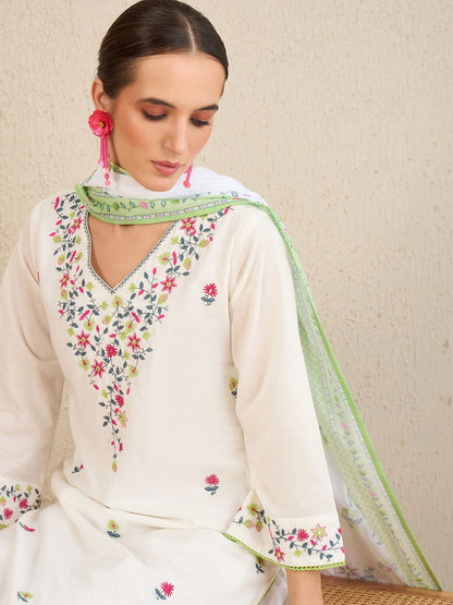 Dhiyona IE Floral Embroidered Pure Cotton Kurta With Trousers & Dupatta