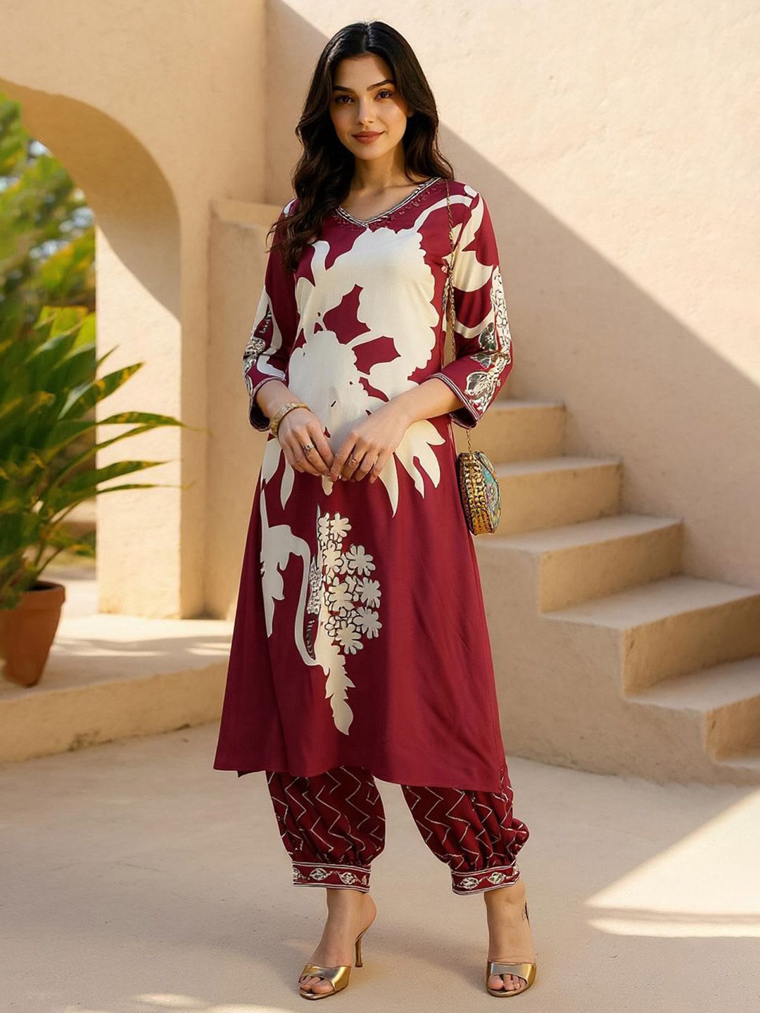 Dhiyona IE Red Floral Printed Sequinned V-Neck Straight Kurta With Salwar