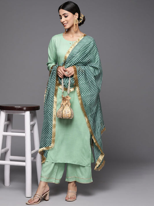 Dhiyona VA Women's Green Solid Gotta Patti Detail Empire Kurta with Palazzos & With Dupatta
