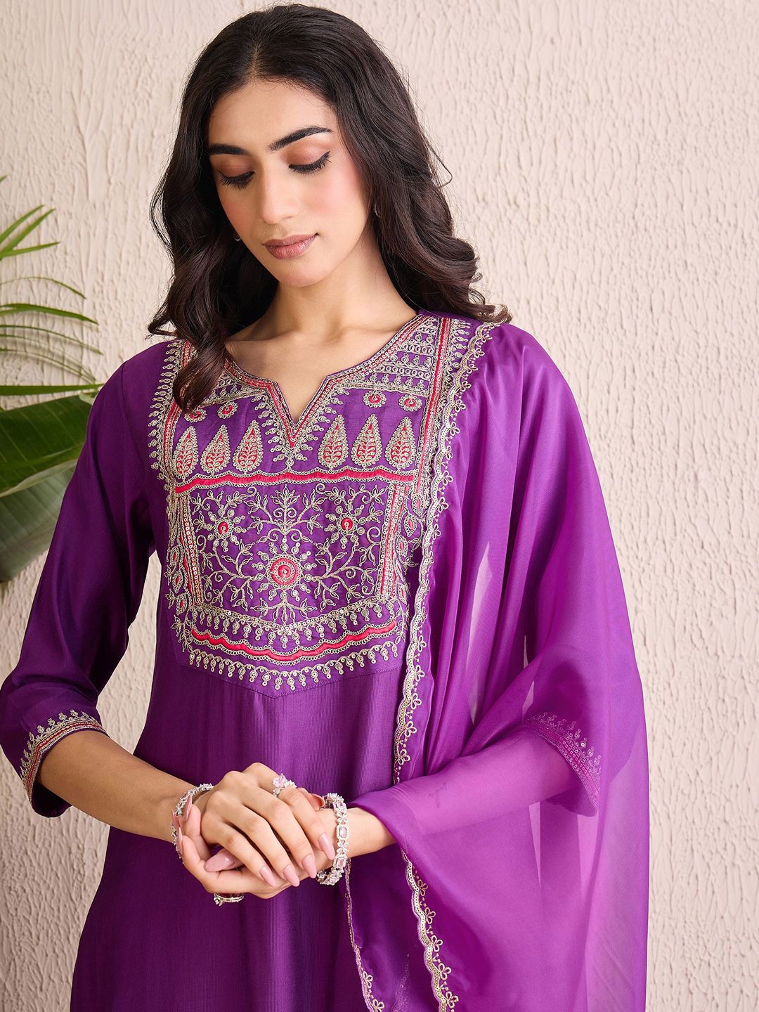 Women Ethnic Motifs Yoke Design Regular Liva Kurta with Trousers & With Dupatta