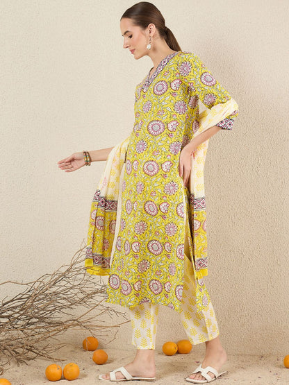 Dhiyona IE Floral Printed Pure Cotton V-Neck A-Line Kurta With Trousers And Dupatta