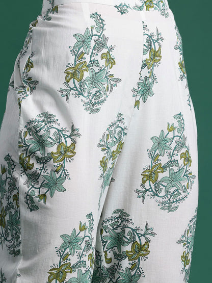 Floral Printed Pleated Pure Cotton Kurta with Trousers