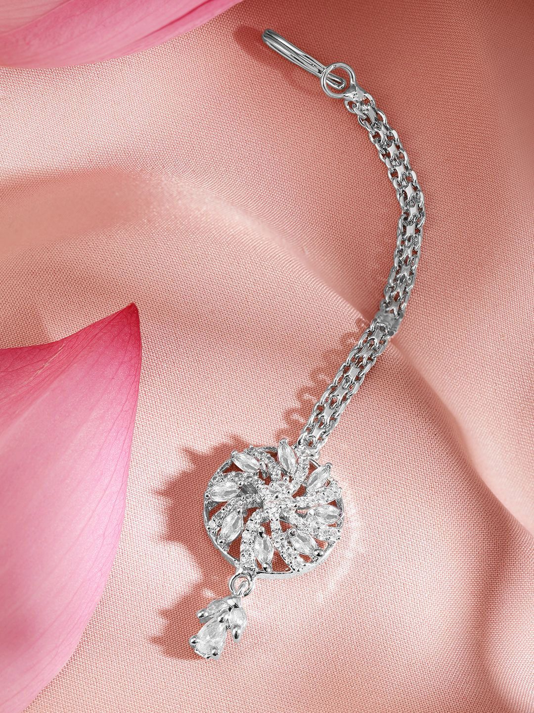 Dhiyona RJ Women's Rhodium-Plated Cubic Zirconia Studded Maang Tikka Head Jewellery