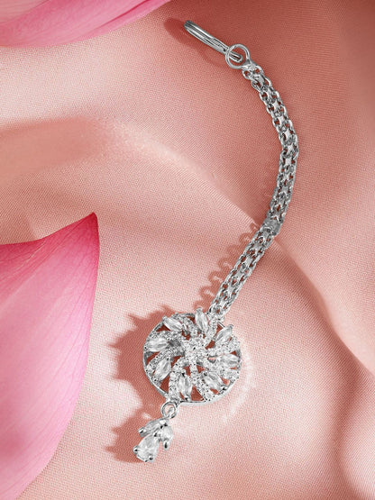 Dhiyona RJ Women's Rhodium-Plated Cubic Zirconia Studded Maang Tikka Head Jewellery