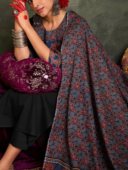 Floral Printed Round Neck Cotton Straight Kurta With Trousers & Dupatta