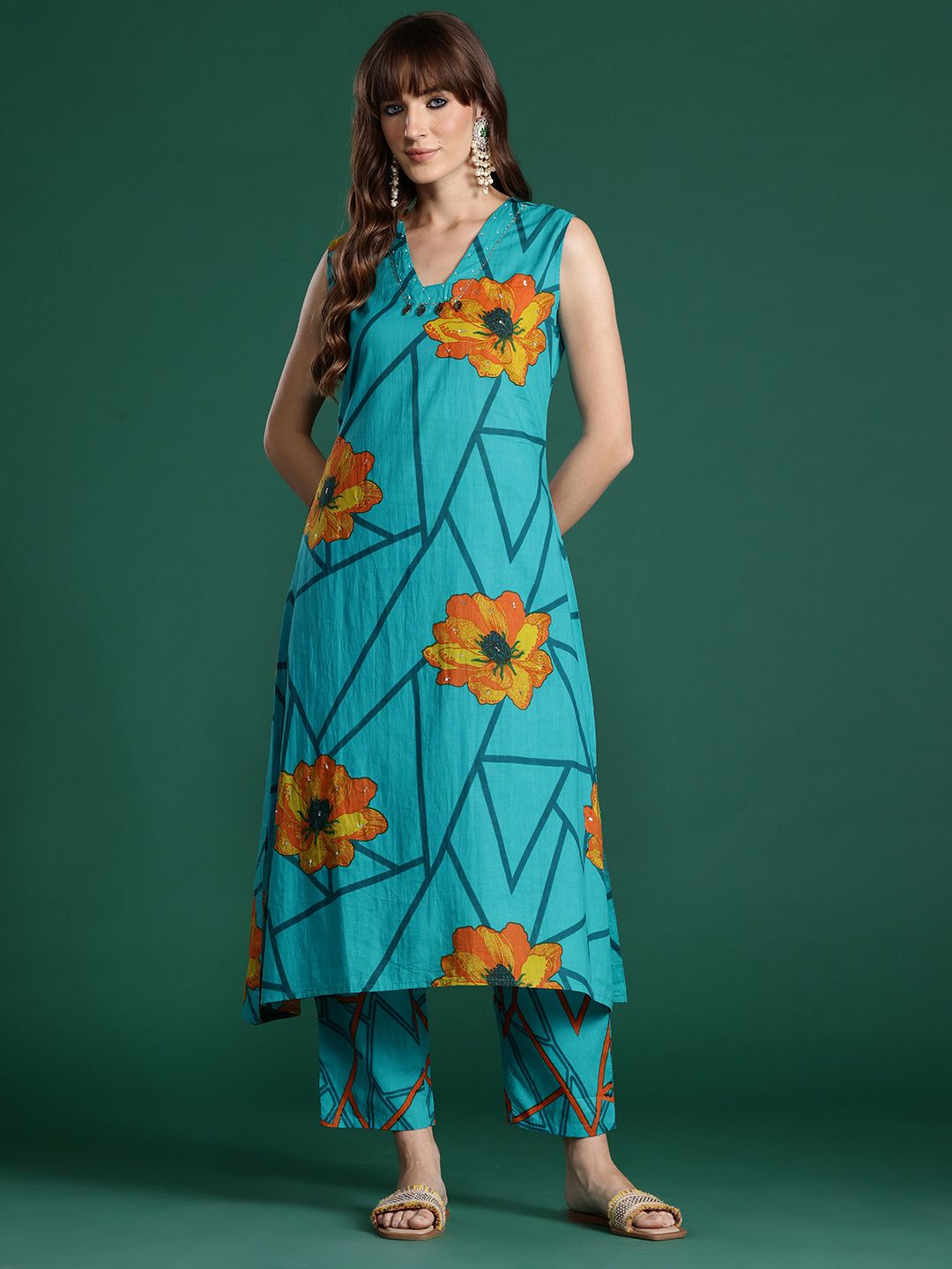 Dhiyona IE Floral Printed Pure Cotton Kurta with Trousers