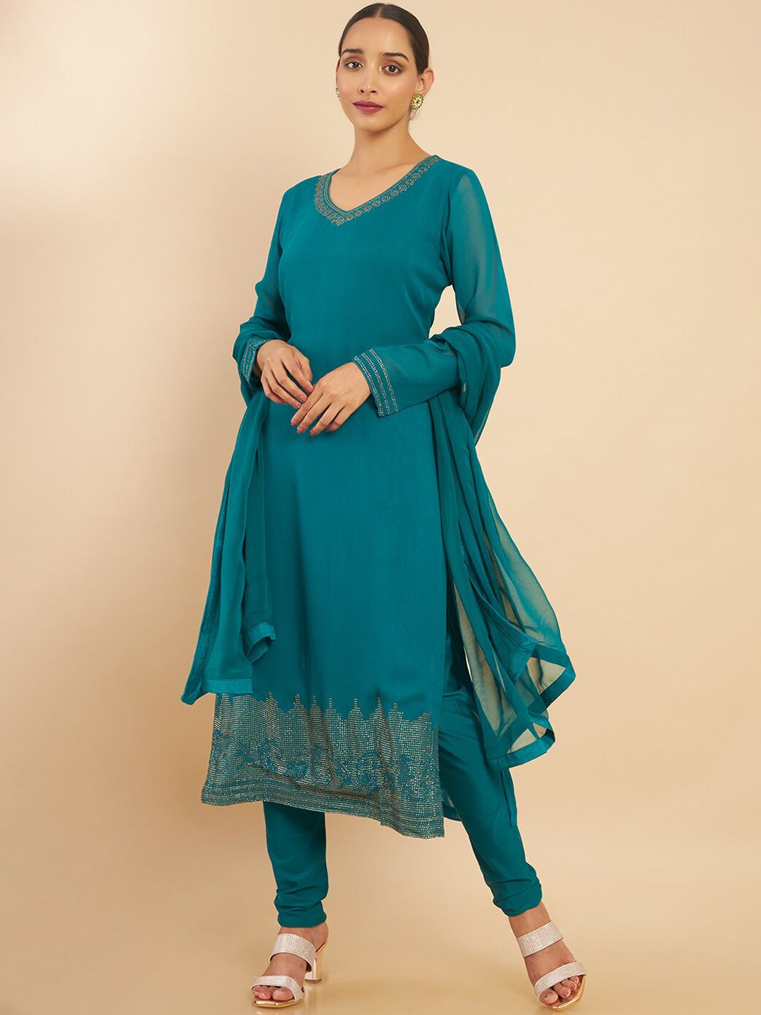 Dhiyona SO Women's Women Teal Solid V-Neck Kurta with Churidar & With Dupatta