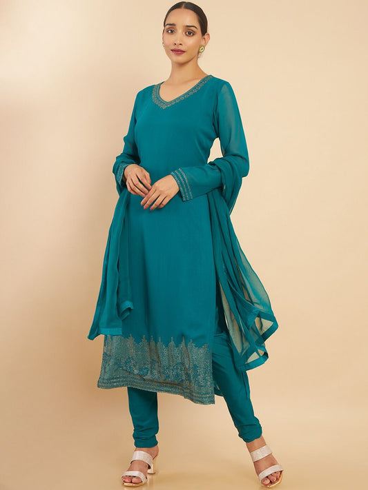 Dhiyona SO Women's Women Teal Solid V-Neck Kurta with Churidar & With Dupatta