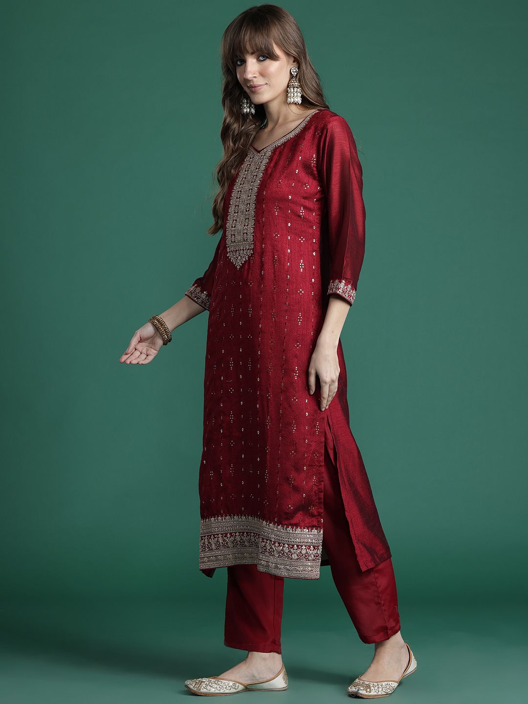 Embroidered Straight Kurta Trousers With Dupatta Set