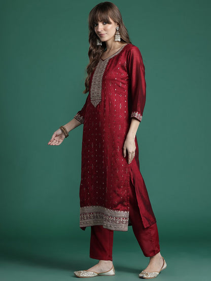 Embroidered Straight Kurta Trousers With Dupatta Set