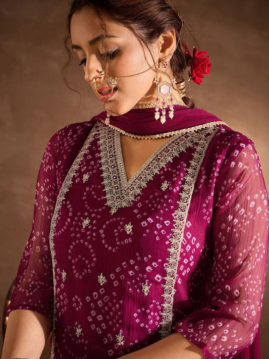 Bandhani Printed V-Neck Zari Silk Chiffon Straight Kurta With Trousers & Dupatta