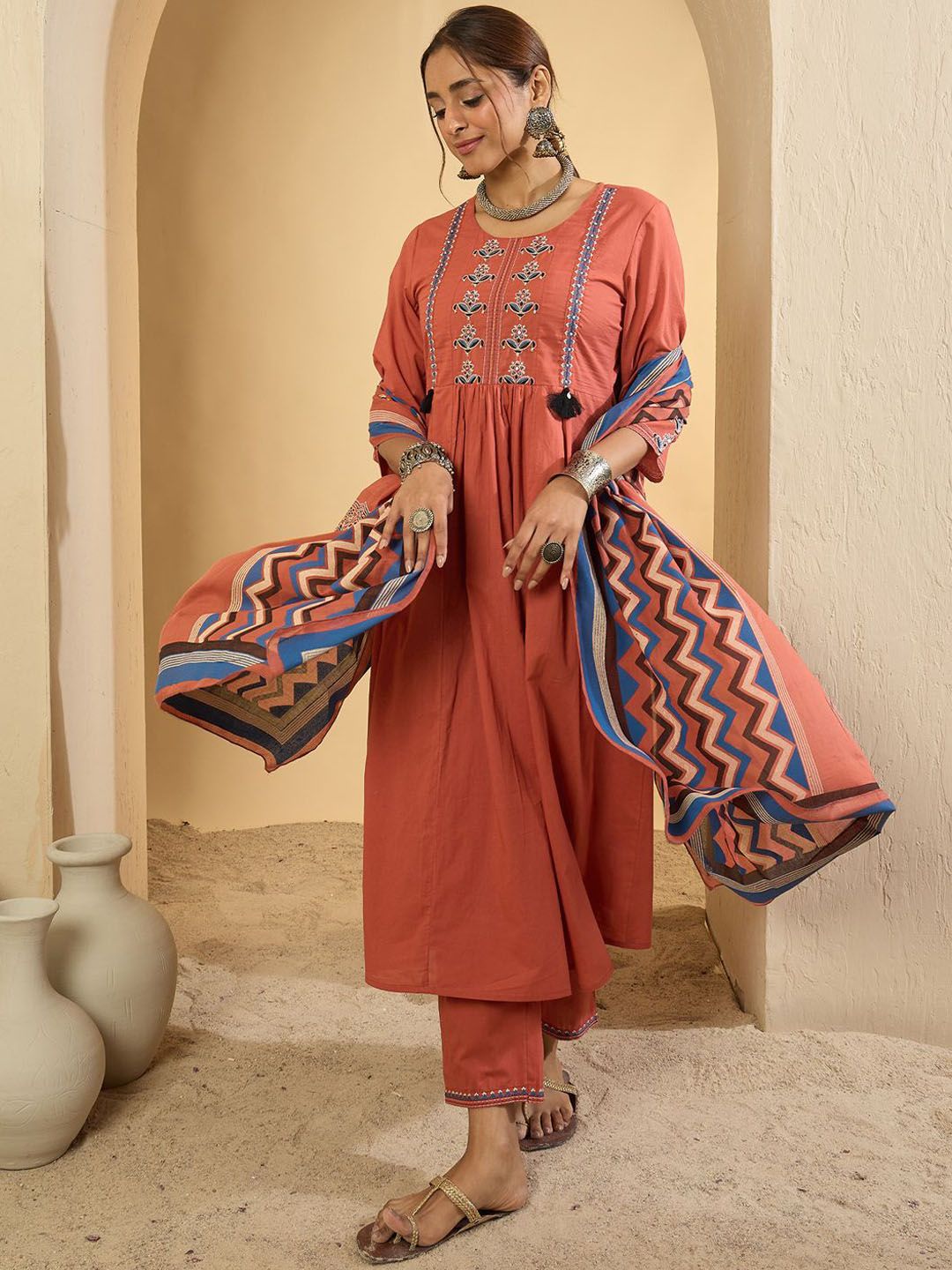 Women Floral Embroidered Regular Pure Cotton Kurta with Trousers & Dupatta