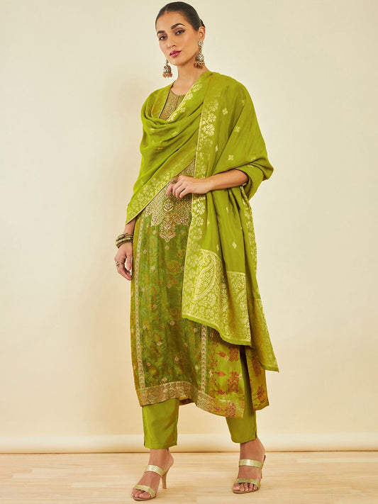 Dhiyona SO Women's Green Floral Printed Beads and Stones Kurta With Trousers & Dupatta