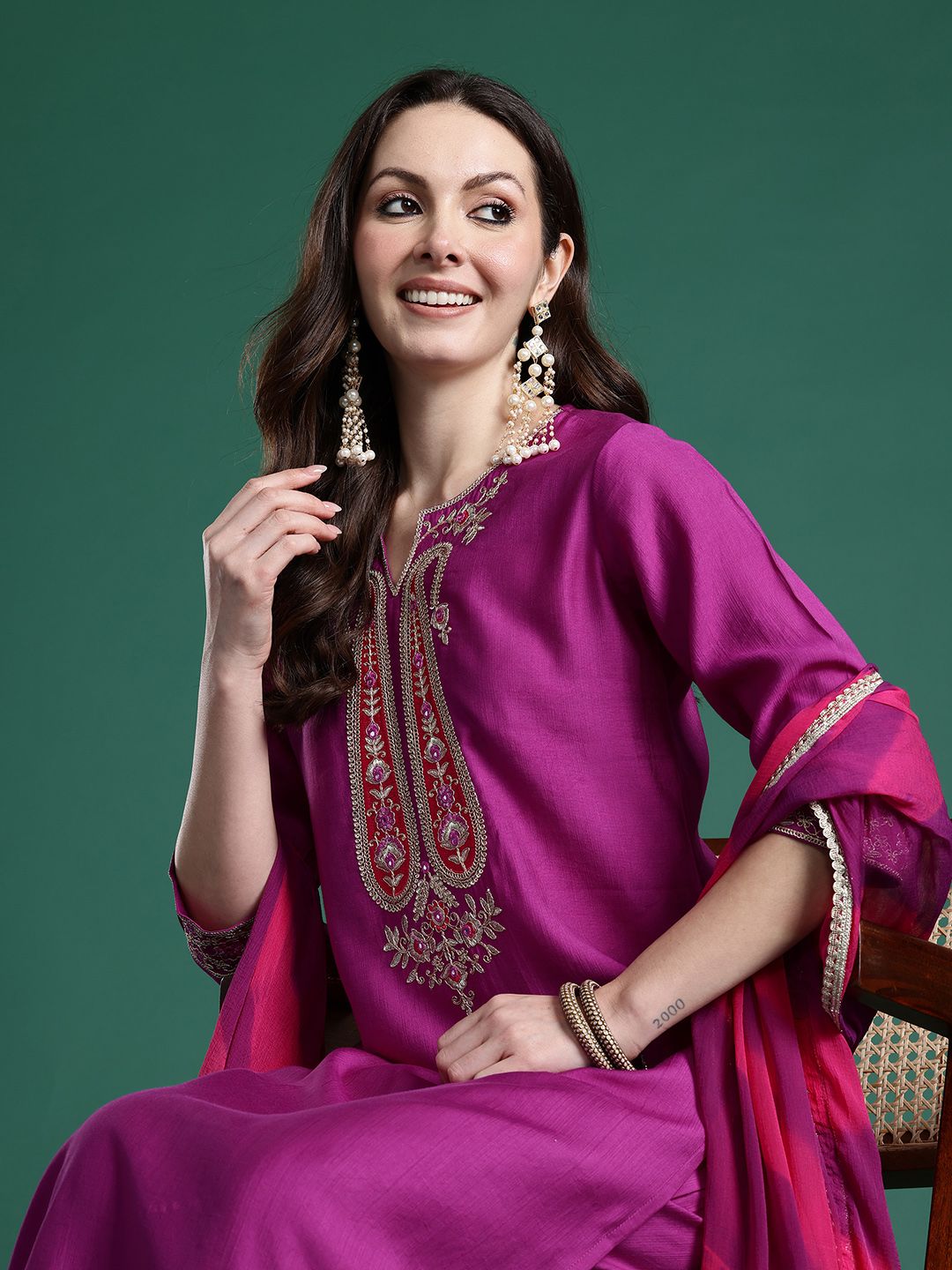 Paisley Embroidered Sequinned Kurta with Trousers & With Dupatta