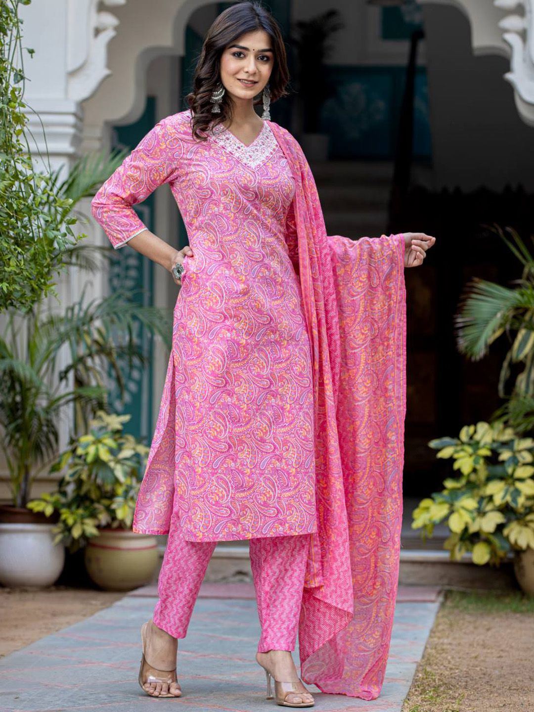 Dhiyona VA Women'sPaisley Printed Regular Thread Work Kurta with Trouser & Dupatta