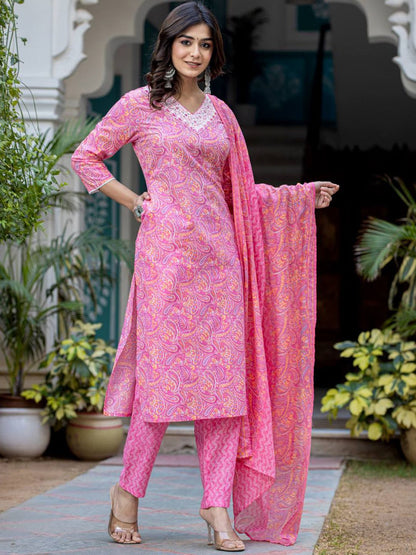 Dhiyona VA Women'sPaisley Printed Regular Thread Work Kurta with Trouser & Dupatta