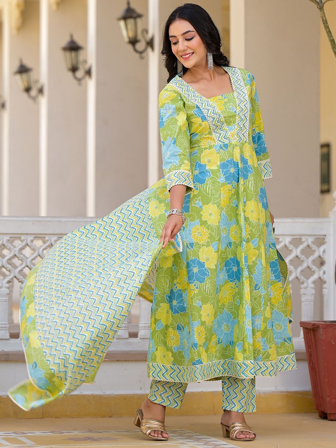 Dhiyona IS Women's Floral Printed Panelled Beads and Stones Anarkali Kurta With Trousers & Dupatta