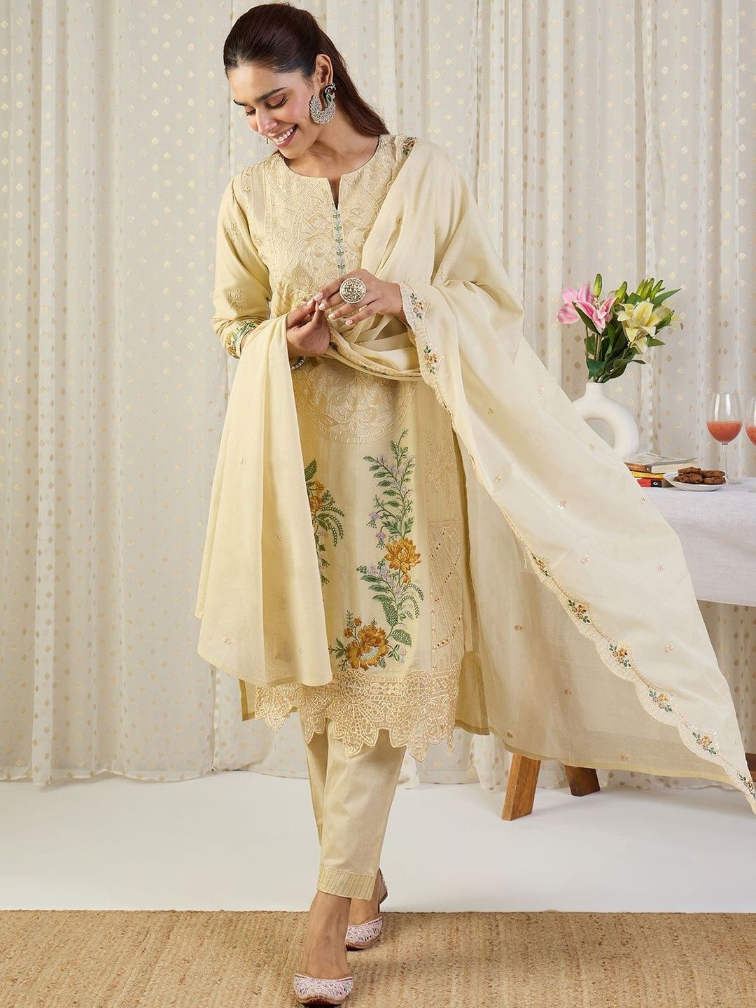 Women Embroidered Round Neck Sequinned Pure Cotton Kurta with Trousers & Dupatta