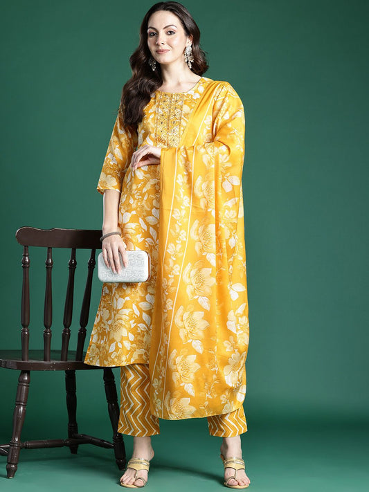 Dhiyona IE Floral Printed Kurta with Trousers & Dupatta
